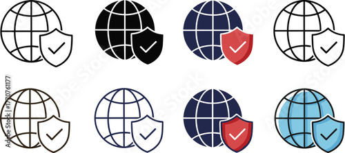 Collection of globe and shield icons representing internet security and protection, in various styles and colors