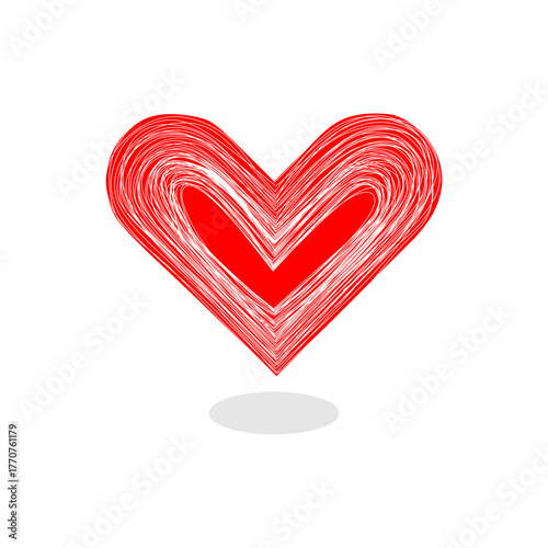 Expressive Hand-Drawn Red Heart with Textured Lines and Subtle Shadow