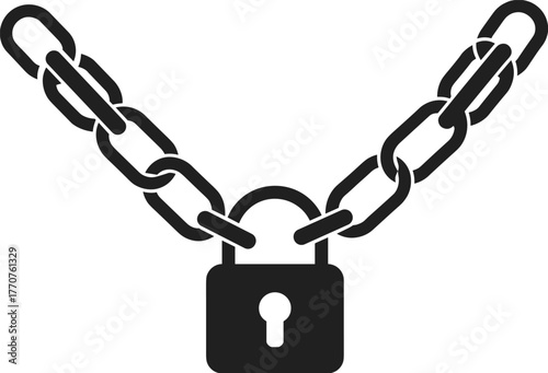 Vector illustration of secure padlock with heavy steel chain symbolizing protection, privacy, safety, locked access control and data security defense