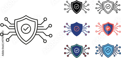 Digital security shield icons with circuit board elements, symbolizing data protection and cybersecurity in various color themes