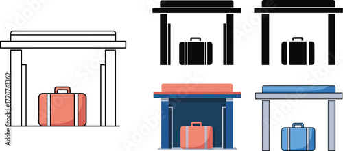 Collection of luggage icons and illustrations, including suitcases at bus stops and transportation hubs, presented in various styles and color schemes