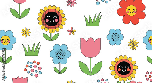 Cheerful cartoon flowers with happy faces blooming in a vibrant garden