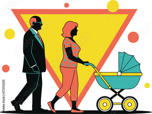 Mature couple with stroller, symbolizing family and new beginnings in a vibrant, abstract setting.
