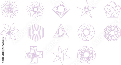 Geometric abstract shape vector, symmetrical line art collection, spiral star polygon designs, minimal purple graphics, modern pattern illustration set