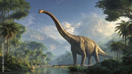 Un Diplodocus dans les plaines du Jurassique supérieur, au milieu de marécages et forêts