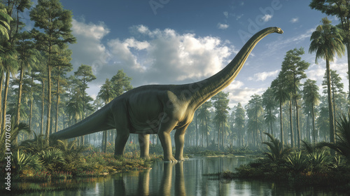 Un Diplodocus dans les plaines du Jurassique supérieur, au milieu de marécages et forêts
