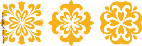 Golden floral ornament vector, symmetrical decorative motifs, elegant petal designs, minimal line art, white background graphic, artistic pattern illustration set