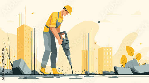 flat vector illustration of a construction site with an construction worker operating a jackhammer. the design style is flat, with simple elements, flat color blocks, bright colors, a simple backgroun