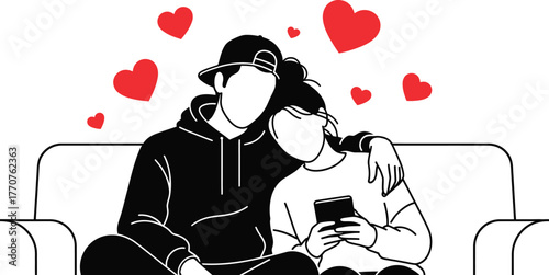 Young couple in love sharing a tender moment on the couch, surrounded by hearts.