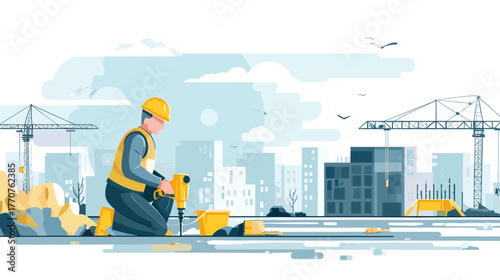 flat vector illustration of a construction site with an construction worker operating a jackhammer. the design style is flat, with simple elements, flat color blocks, bright colors, a simple backgroun