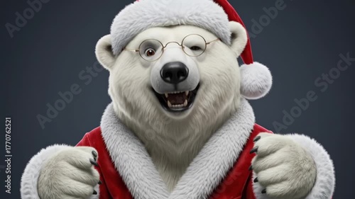 Playful anthropomorphic polar bear character in a santa claus costume dancing and pointing happily
