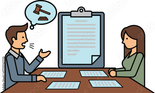 Man and woman discuss legal document with gavel symbol in thought bubble