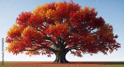 Majestic autumn tree with vibrant red & orange foliage. Perfect for fall-themed backgrounds, seasonal designs, Thanksgiving graphics, and nature-inspired projects. Great for print, web,