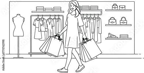 Happy woman with shopping bags enjoying retail therapy in a clothing store