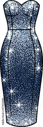 Strapless glitter evening gown illustration, sweetheart neckline, sparkling fashion design, elegant dress vector, glamorous outfit, formal wear, stock image