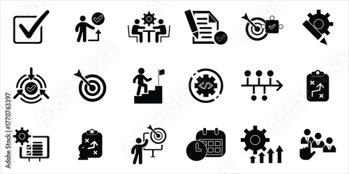 action plan icons set. action, schedule, strategy, objective, assign, assessment, resources and more. simple solid vector