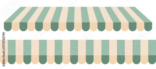 Green and beige striped shop awning. Vector illustration of a vintage store or market canopy isolated on transparent background. Seamless pattern stripes store awning. 
