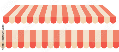 Red and white striped shop awning. Vector illustration of a store or market canopy isolated on transparent background. 
