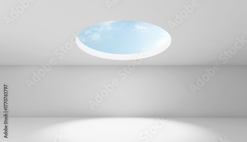 A clean white studio space features a round skylight that frames a clear blue sky. 3d