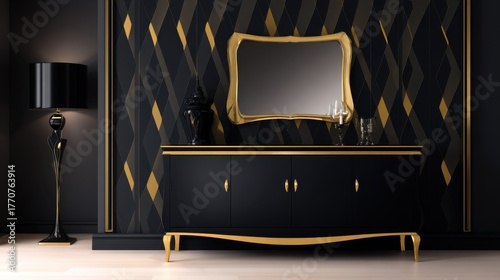 Elegant interior design showcasing a stylish black and gold living room with modern furnishings