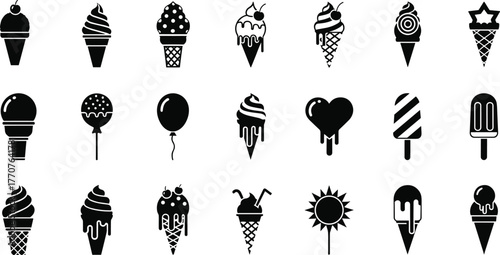 Ice cream icon set, popsicle silhouette vector, dessert clipart collection, sweet treat illustration, summer snack design, black frozen dessert shapes
