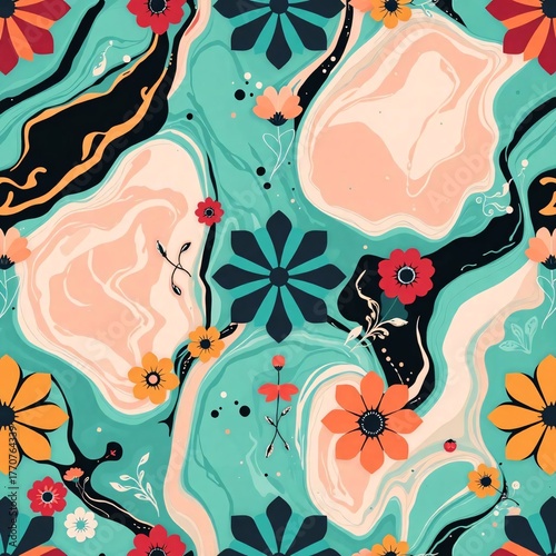 Floral Kaleidoscope: An eye-catching pattern with bold floral motifs, artistic swirls, and vibrant colors, creating a dynamic and visually rich composition.