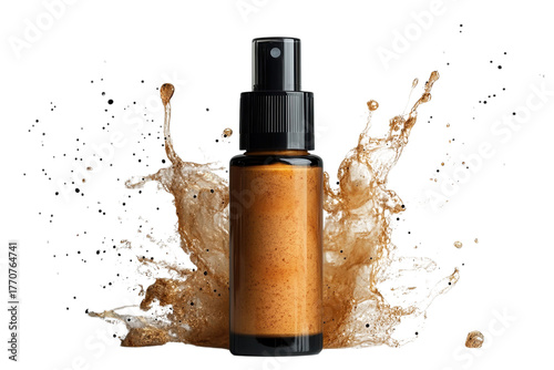 Amber spray bottle with dynamic liquid splash for cosmetic product marketing and advertising visuals on transparent background