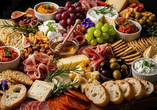 Delicious charcuterie board with cheese, meat, fruit, and crackers on a table