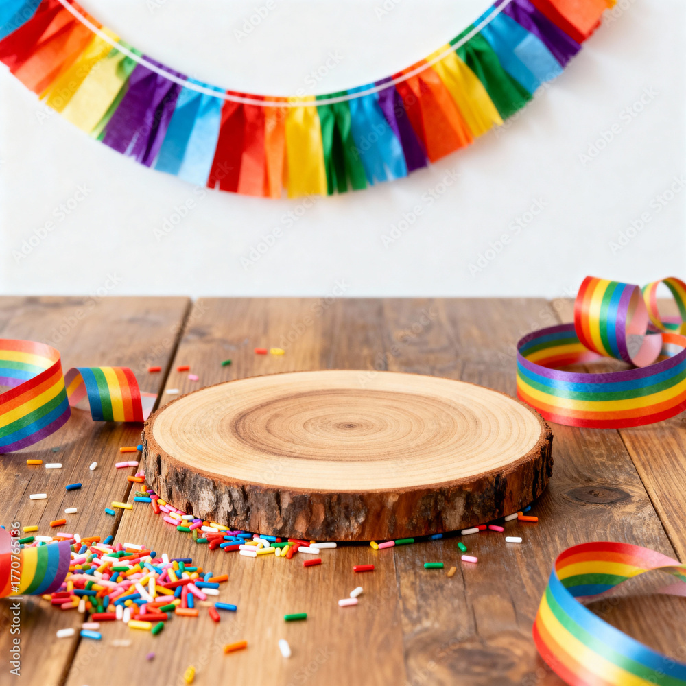 Fototapeta premium Festive product podium scene with rainbow decorations and sprinkles