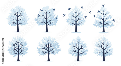 Winter trees set with birds in minimalist style for seasonal design