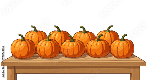 Cartoon style pumpkins on wooden table with white background