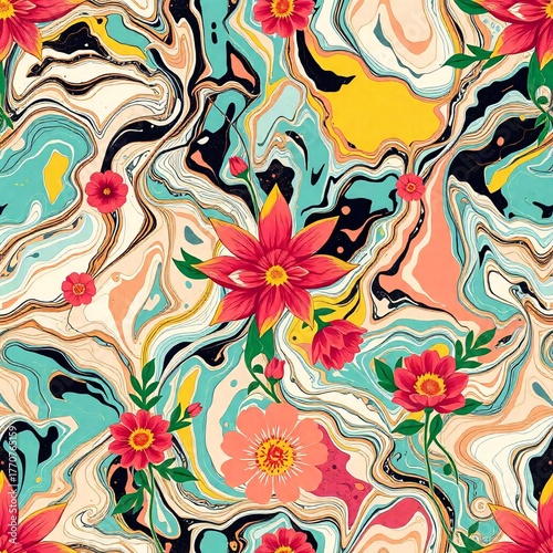 Abstract floral pattern: A seamless floral pattern composed of abstract swirls of color and bursts of botanical blossoms creates a vibrant and eye-catching image.