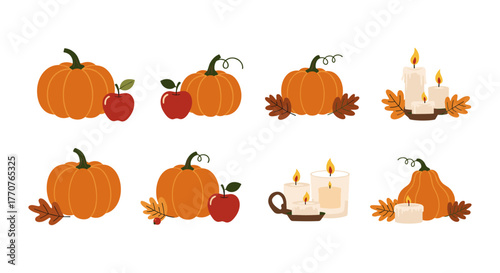 Autumn harvest collection: pumpkins, apples, and candles in flat design