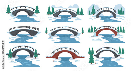 Collection of nine winter bridges over frozen rivers with snowy landscapes