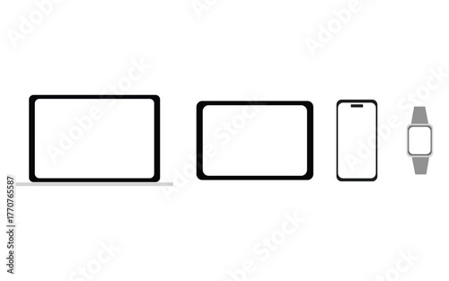 Collection of modern electronic devices including tablet laptop smartphone and smartwatch isolated on white background