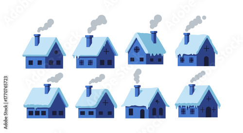 Cozy winter houses set with snowy roofs and smoking chimneys on white background