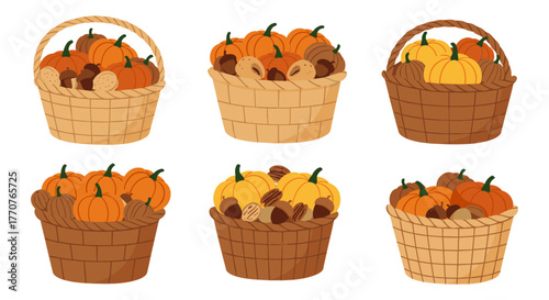 Charming autumn baskets filled with pumpkins and nuts in a flat design
