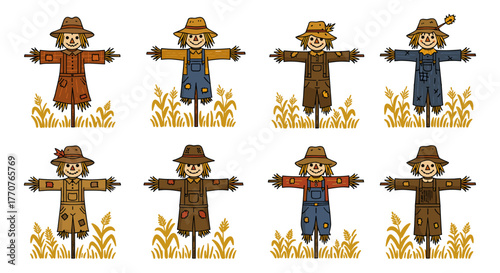 Charming scarecrows collection in autumn fields