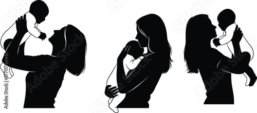 Mother and baby silhouette, woman holding infant, maternal care, bonding moment, black vector, emotional pose, family love, motherhood scene