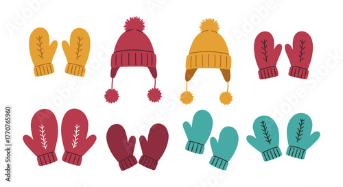 Colorful winter accessories collection featuring cozy hats and mittens in flat style