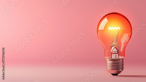 Light bulb with house inside symbolizes innovative home solutions, glowing brightly against pink background, evoking creativity and warmth