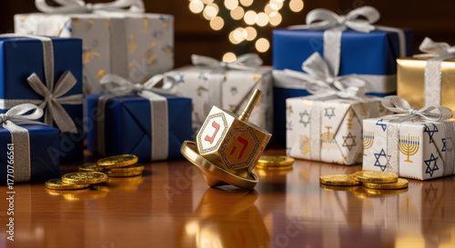 Hanukkah dreidel and gelt with wrapped gifts in blue and silver against bokeh lights background