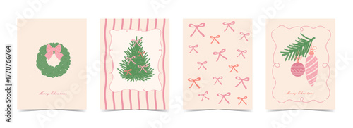 Hand drawn ink drawing Merry Christmas vintage card set. Xmas frames with ribbons and bows, christmas wreath, gifts, christmas lights garland. Minimalist posters in coquette doodle style.