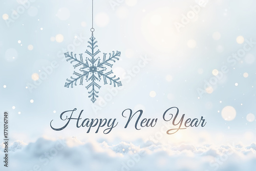 Large blue snowflake hangs from a string above fluffy white clouds and Happy New Year text in a winter scene.