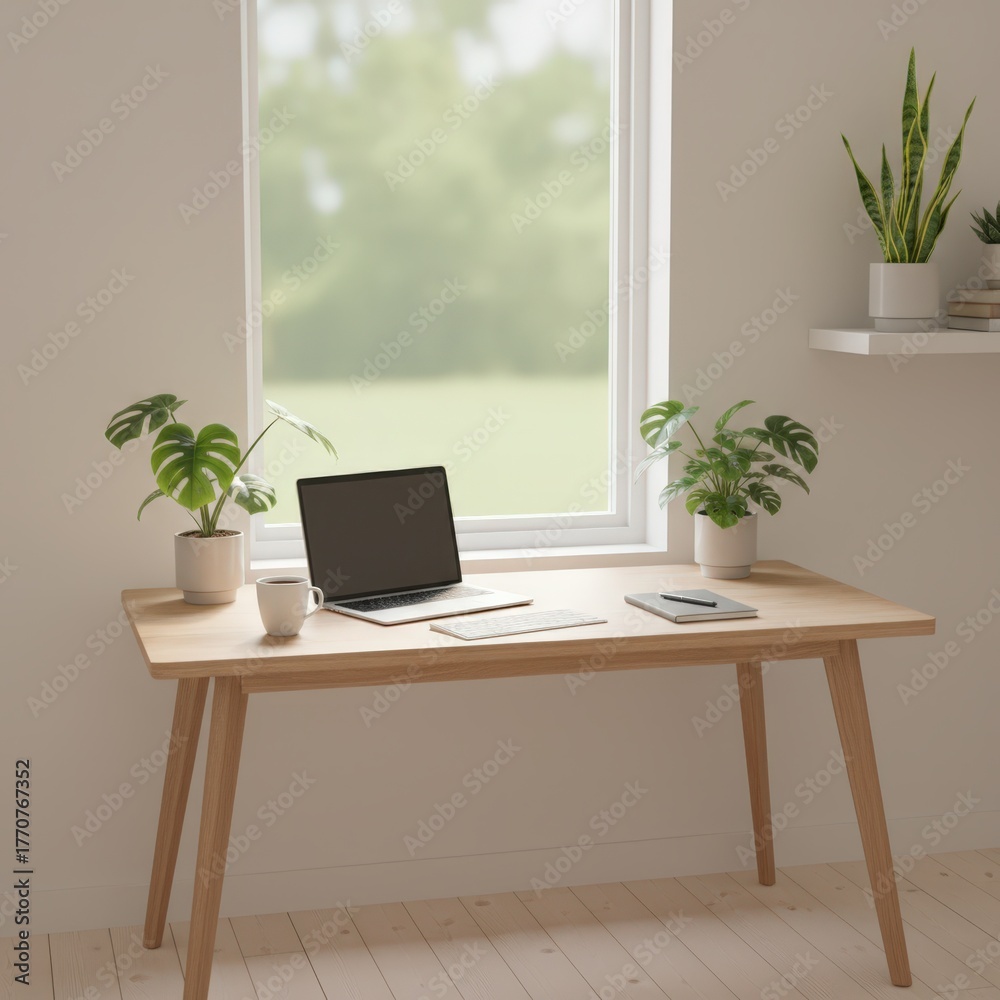 Fototapeta premium Minimal Workspace with Laptop and Plants by Window