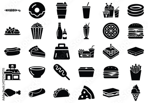 Assortment of fast food icons, showcasing pizza, burger, donut, coffee, and other popular junk food items for quick meals
