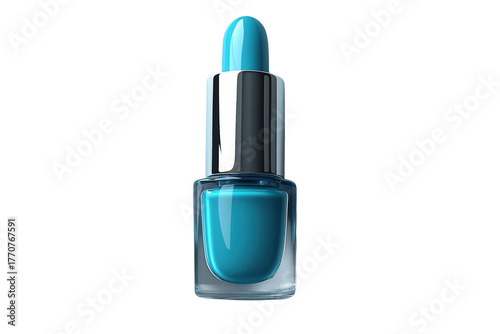 Turquoise nail polish bottle with metallic cap, glossy cosmetic product isolated on Transparent Background