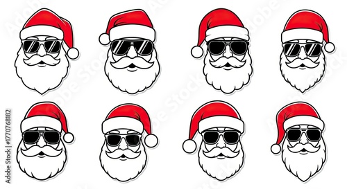 Cool Santa Claus faces with sunglasses, modern holiday icons for festive designs