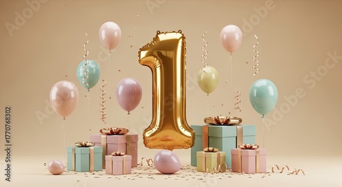 Golden number one balloon celebrates first birthday with pastel gifts and festive balloons