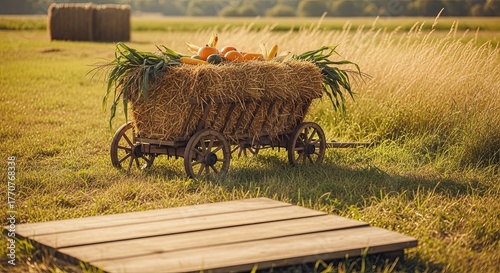 Harvest bounty overflows from rustic wagon amidst golden autumn field